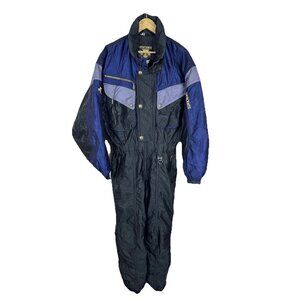 Vintage Descente One Piece Ski Suit Snowsuit Blue Black Insulated XL 90s